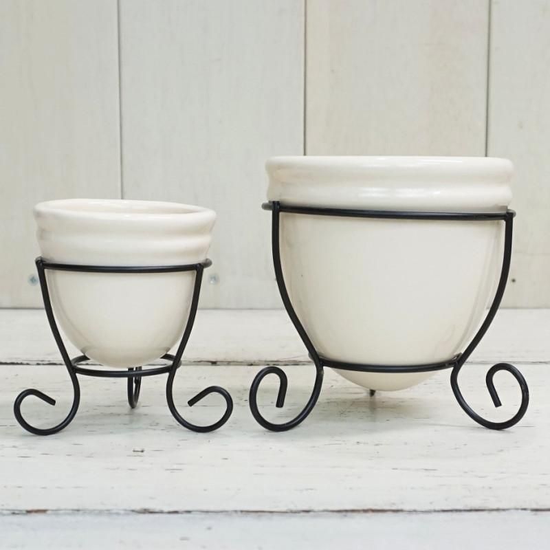 植木鉢 おしゃれ 陶器鉢 白 クリームポット&スタンド 2点セット