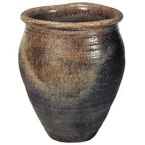 睡蓮鉢 水鉢 大型 陶器 古陶ヒネリ天水鉢 33cm 11号 穴なし 茶 黒 背の高い 深鉢 深い 縦長 つぼ型 ブラウン ブラック メダ
