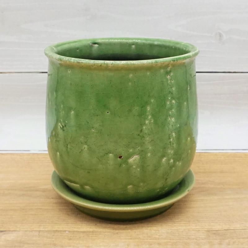 陶器製丸型プランター ブラウン・緑 陶器製丸型プランター ブラウン・緑 園芸用品