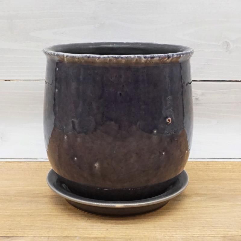 茶色の陶器製四角鉢　落款あり 中型 盆栽鉢 10号 長角マド入 う泥 四日市萬古焼 陶器 四角 浅型 大型