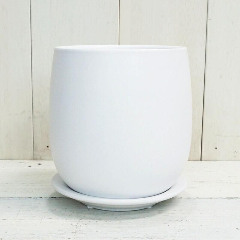 【大型】陶器鉢　ホワイト円筒形陶器プランター 皿付き　ACTUS 植木鉢 大型 11号 白色 ホワイト WYモダン PR1 マット釉 受け皿付き