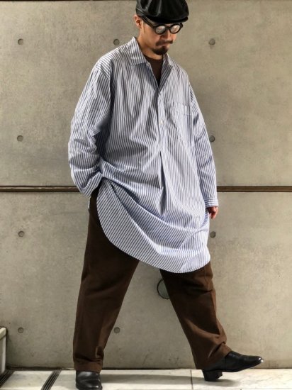 1990's German Vintage Long-Length Stripes Grandfather Shirt