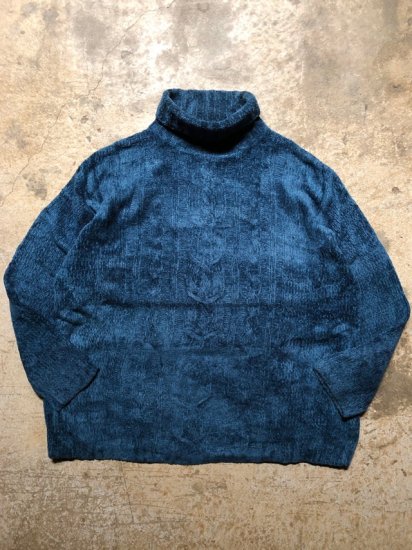1990-00's Chenille-yarn
Turtle-neck Knit Sweater CYAAN
size LXL