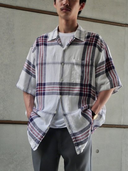 00's Vintage NAUTICA
100% Linen Open-collar Check Shirt