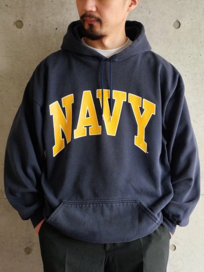 1990's Vintage Pullover Sweat Parka
"NAVY" Print & DODGER Body
Made in the USA.
