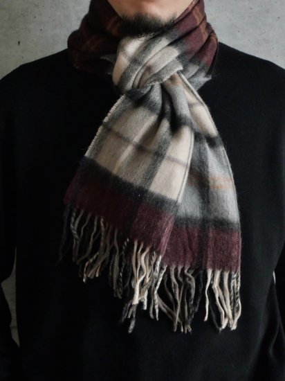 90's Vintage 100% Cashmere Muffler 
Burgundy  Gray Check / Made in Germany