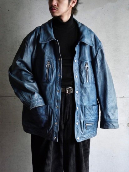 1990's Vintage UK Leather Field Jacket BLUE