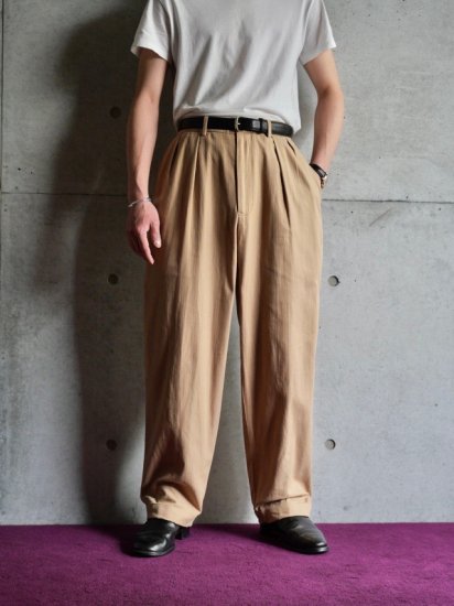 1990's Vintage RalphLauren Cotton 2tucks Trousers / Herringbone cloth / BEIGE