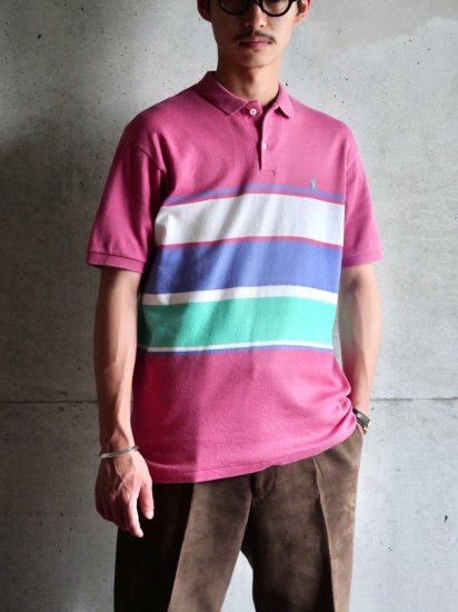 1990's Vintage RalphLauren PINK Border Polo-shirt / Made in USA.