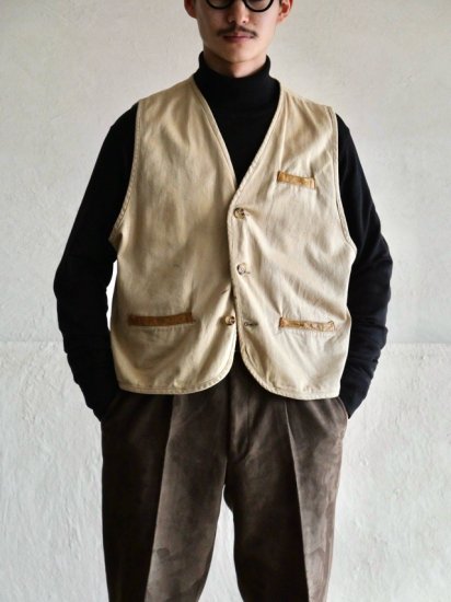 1990's ORVIS Cotton Twill & Leather Work Vest