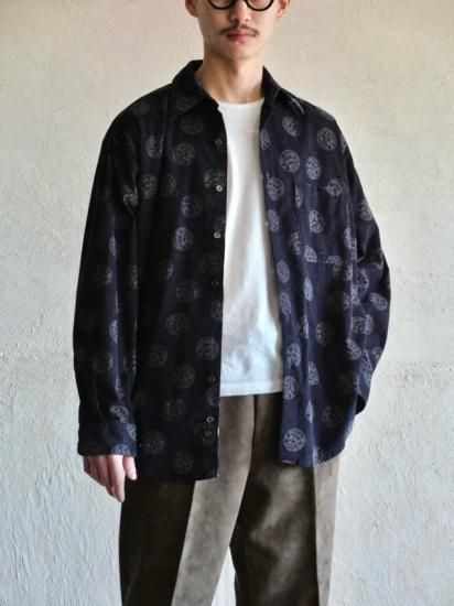 1990~00's PerryEllis Printed Corduroy Shirt, Navy