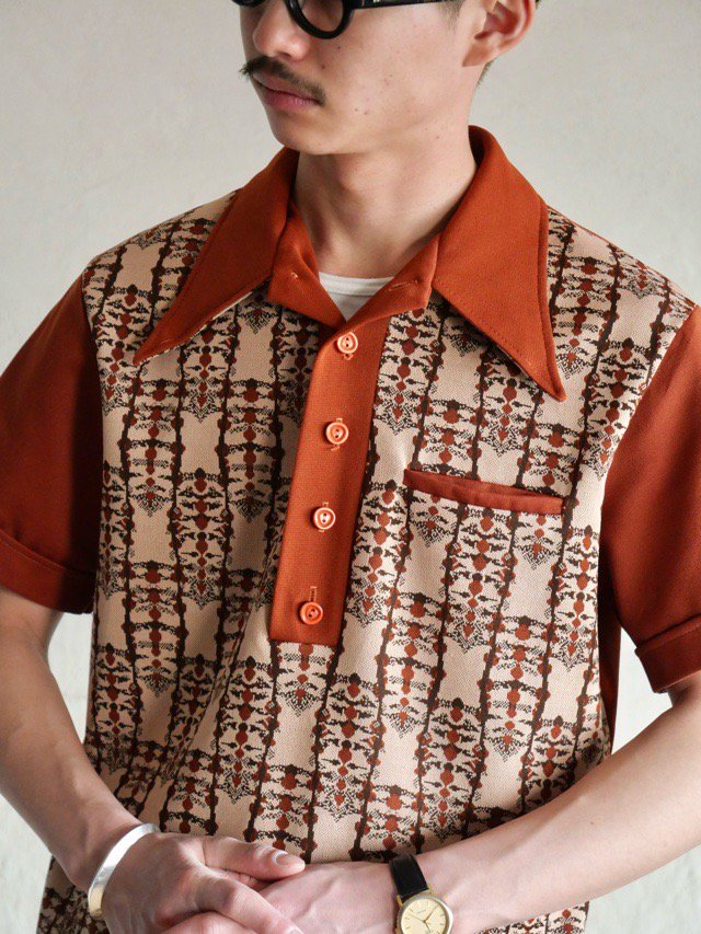 1970's Vintage Polyester Knit Design Polo-shirt