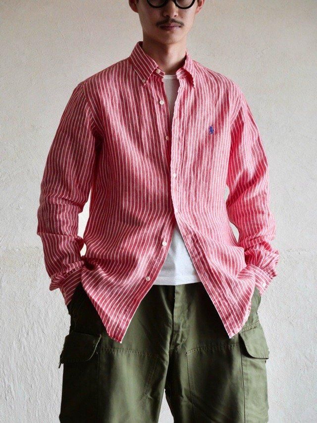 00's RalphLauren Linen Stripe Shirt, Red&White
