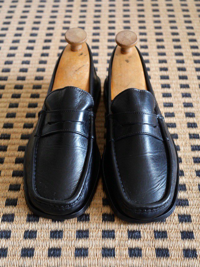 1990's Square-toe Black Leather Loafer, Made in Italy.