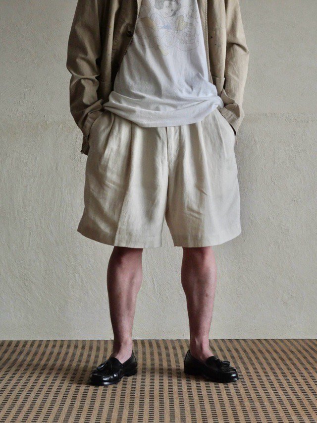 1990~00's EVERGREEN Summer Linen 2Tuck Shorts, Ivory