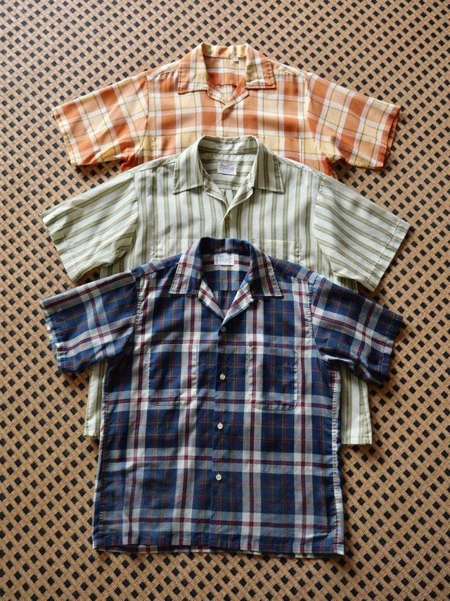 1960~70's Vintage Open-collar S/S ShirtORANGE Check "Label-Less"