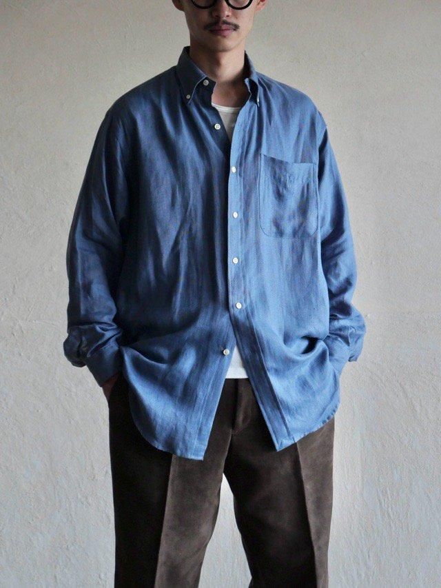 1990-00's RalphLauren 100% Linen B.D. Shirt, Blue