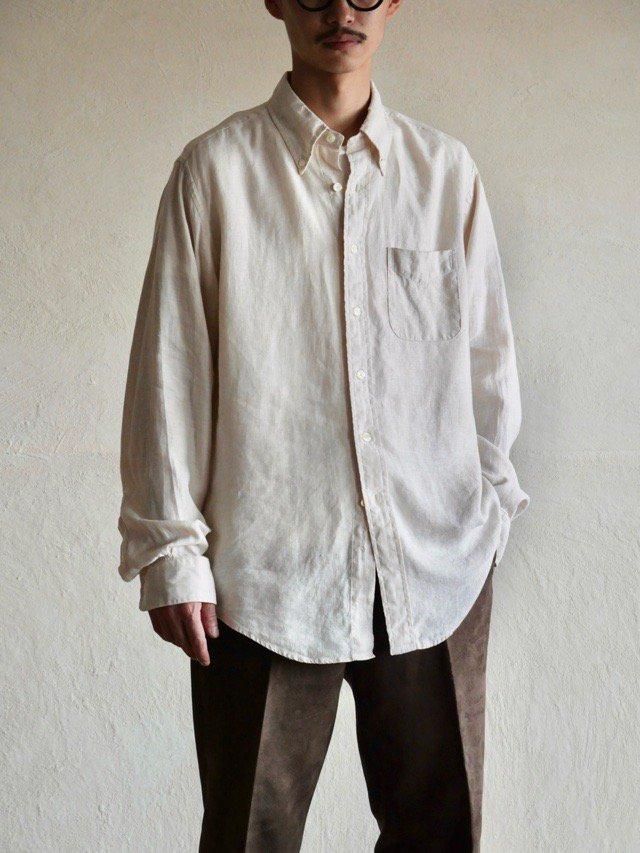 00's Vintage BrooksBrothers  Polo-Collar
 100% Irish Linen Shirt,Ivory