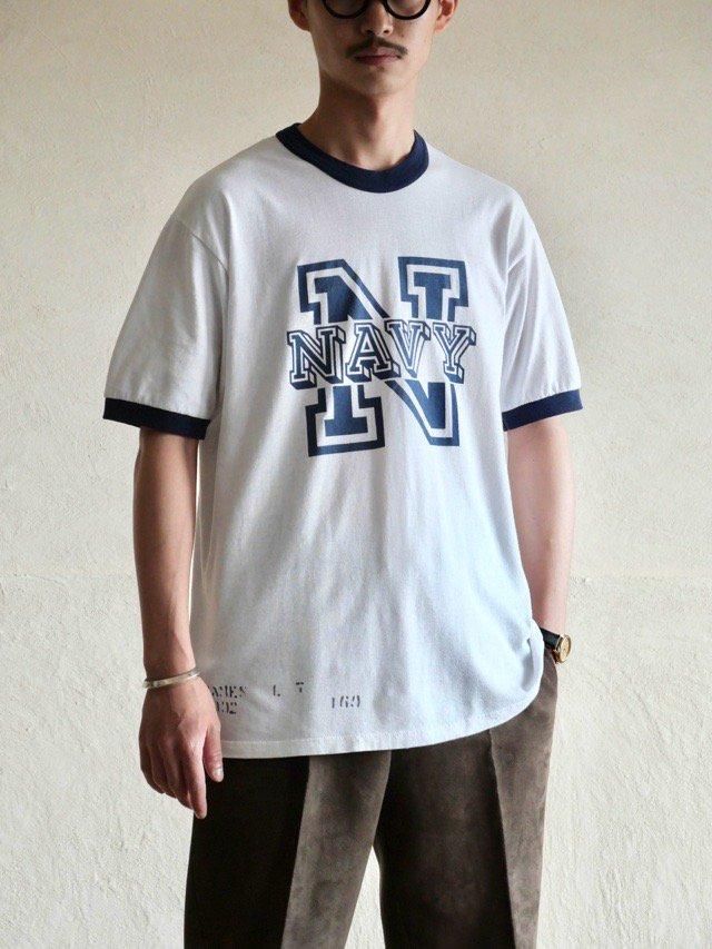 1990's Vintage Printed Ringer T-shirt "NAVY", with Stencil Print / Made in USA.