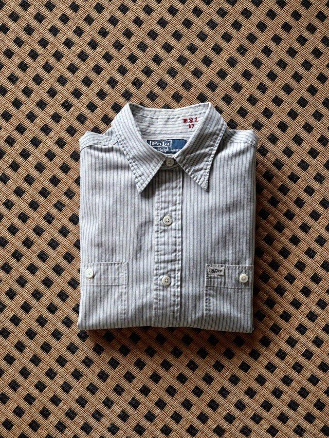 00's~ RalphLauren Classic Style Cotton Stripes Worker's Shirt