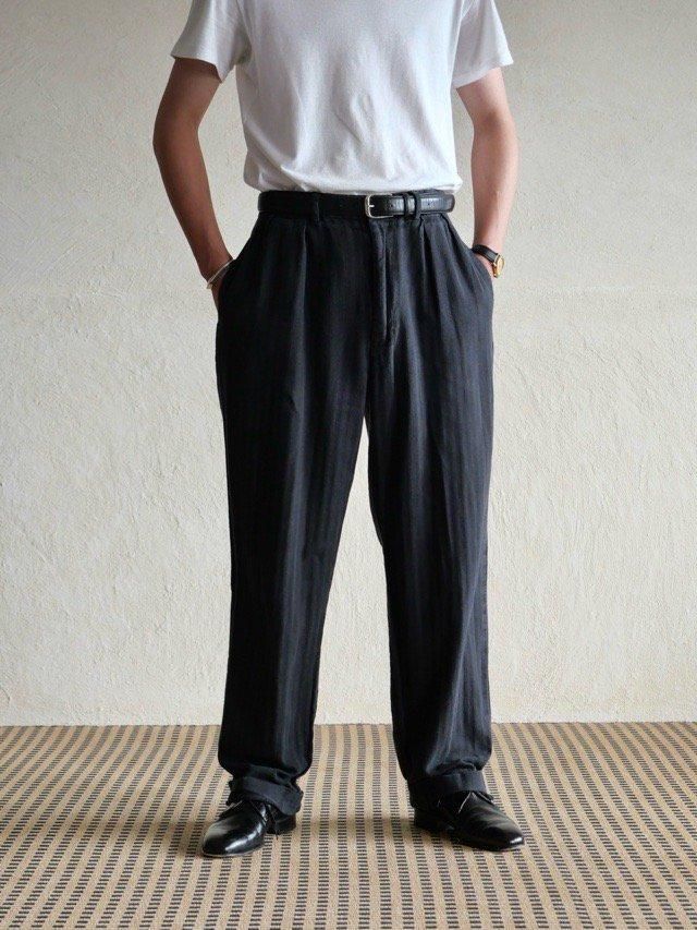 ~00's RalphLauren Linen&Cotton Herringbone Stripe Trousers, Black