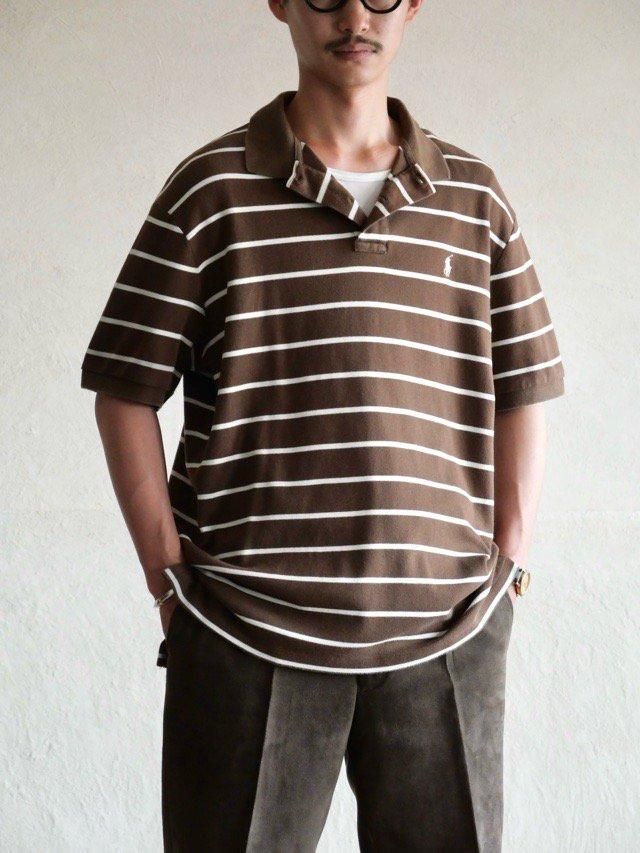 90~00's RalphLauren Brown&Ivory Border Polo Shirt