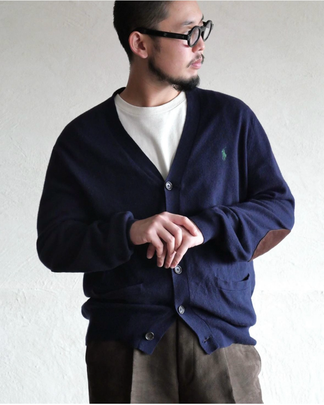 00's RalphLauren EUROPE SARL Knit Cardigan 100% Merino Wool / Suede Leather Elbow Patch