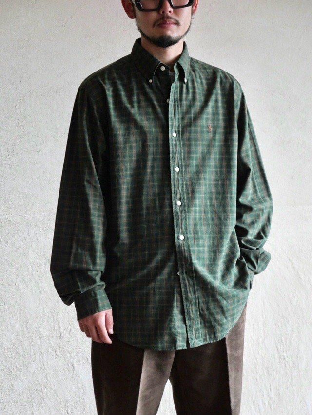 00's RalphLauren Cotton Check B.D.Shirt, Green