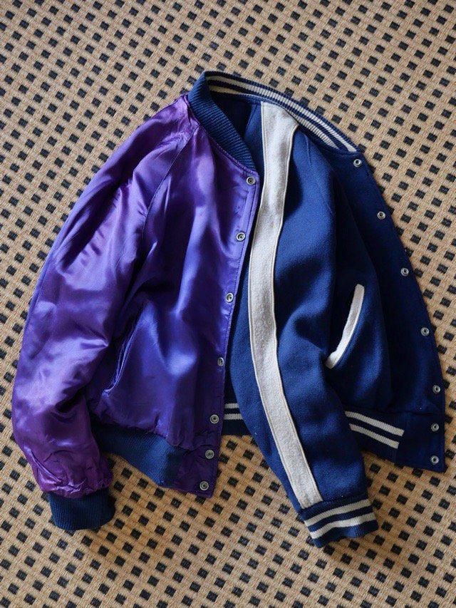 1960~70's Vintage TIMBERLINE
Reversible Award Blouson, Blue Wool & Purple Satin