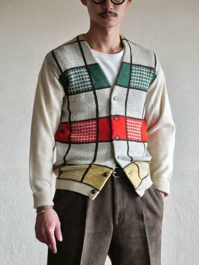 ~1960's Vintage Wool Knit Cardigan "Color Check"