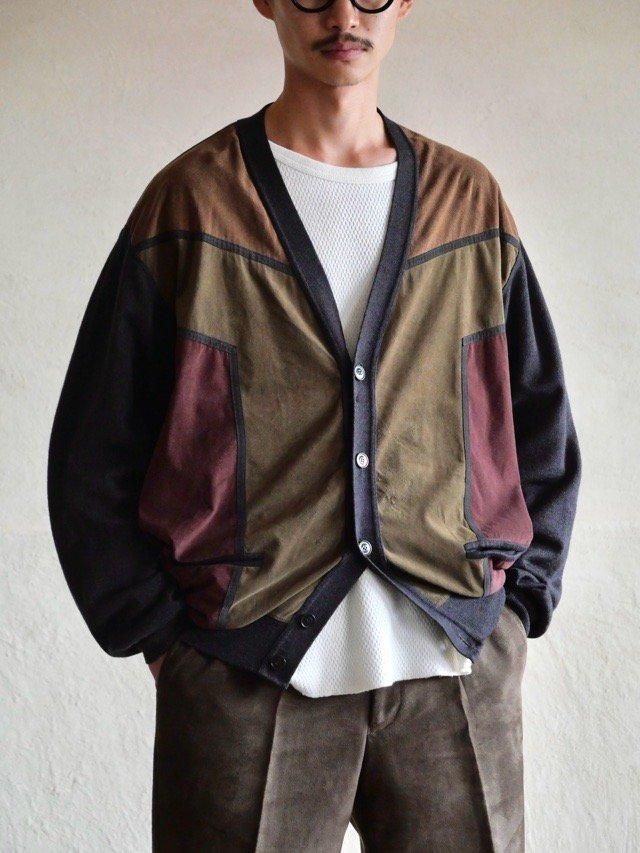 1990's ITLY Merino-wool & Artificial-suede  Knit Cardigan