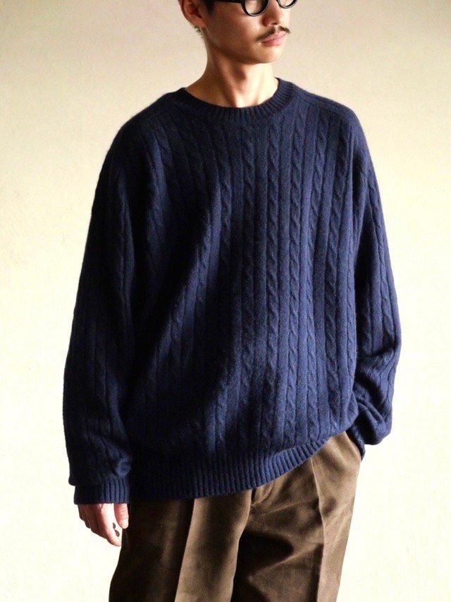 00's 100% 2PLY-Cashmere Cable Knit Sweater "Navy"