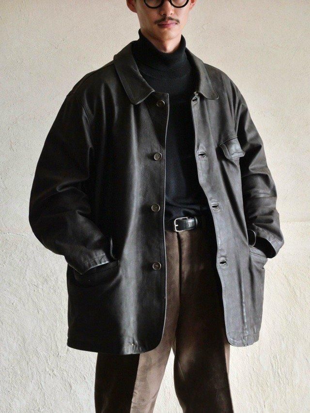 1980~90's Italian Vintage Oiled-Leather Half Coat