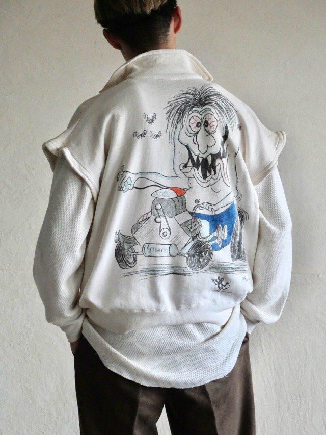 1950~60's Vintage PENNEY'S Half-zip Sweat "Cut-off & Mouse Style Hand Paint"