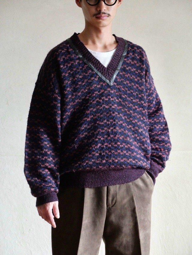 1990's LUCIANO Wool&Leather V-neck Sweater