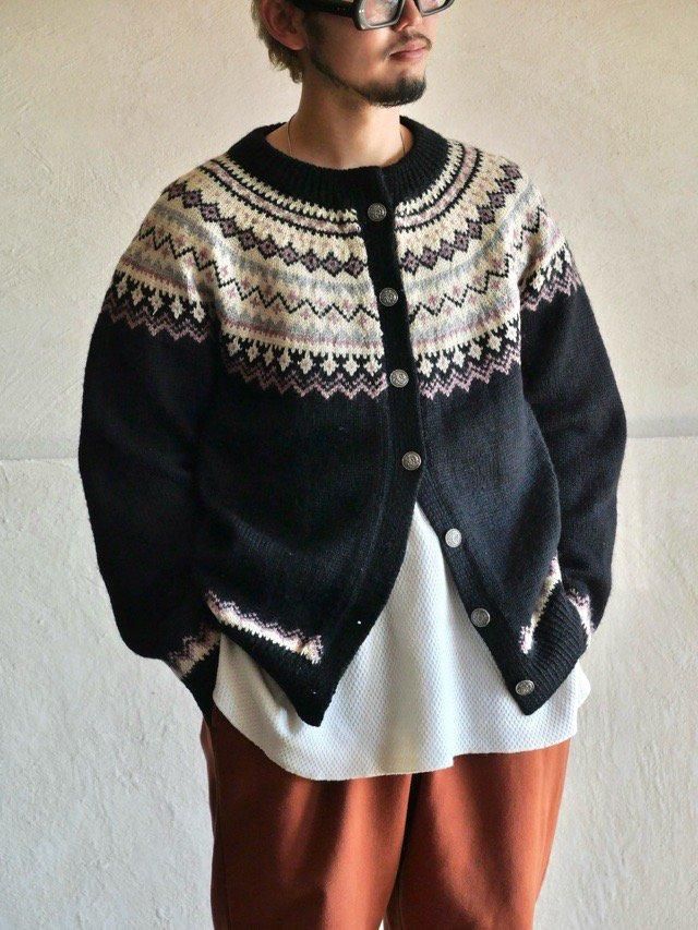 1980's Vintage Nordic Knit Cardigan, Black&Pink