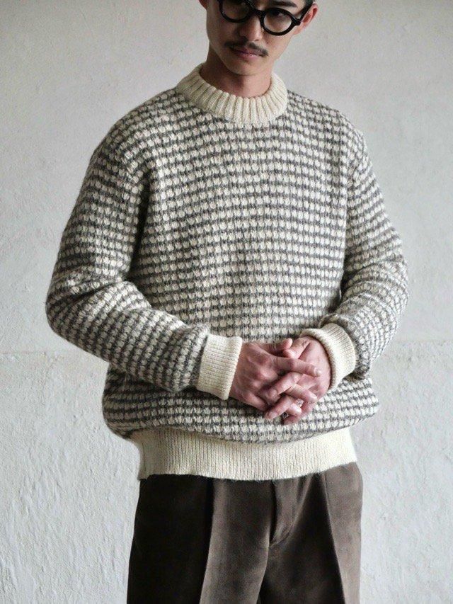 1990's British Wool Block Knit Sweater, IVORY&GREIGE