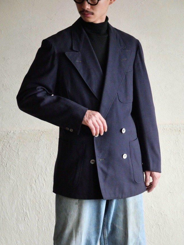 1970's Vintage Double-Breasted Wool Blazer, NAVY "Shell-Buttons"