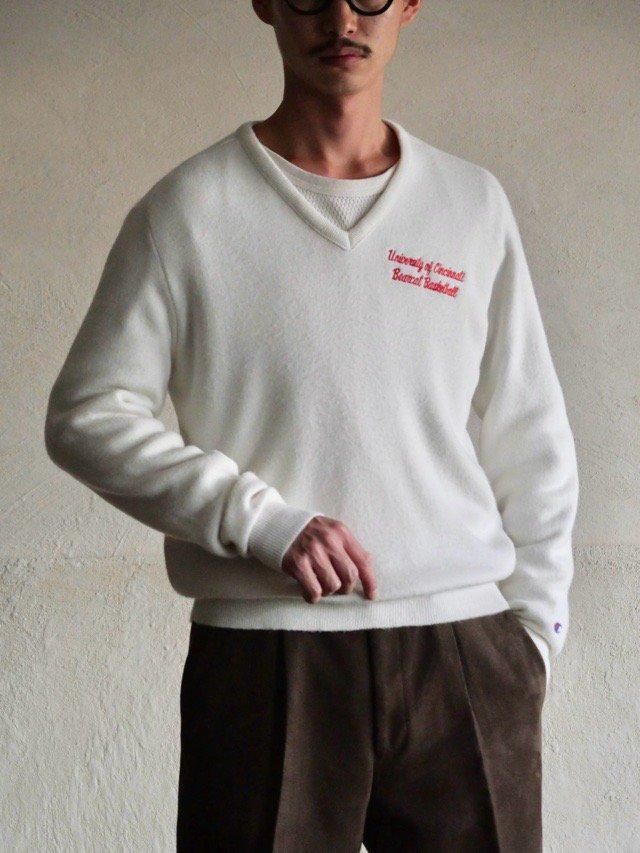 1990'~00's Champion V-neck Acryl Knit Sweater / Made in USA, WHITE