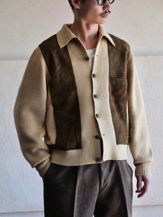 1960-70s Vintage Switched Leather&Knit JacketBeige