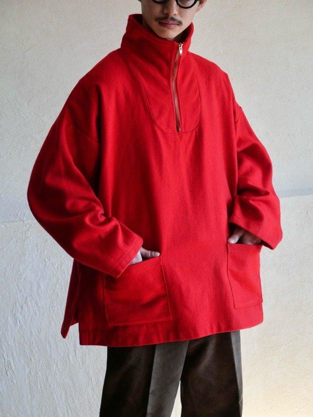 1990's Red Wool-melton Half-zip Smock