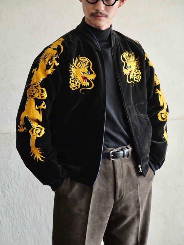 1950's Vintage Souvenir Jacket【風景刺繍黒別珍×青無地サテン 1950's Vintage Souvenir Jacket【風景刺繍黒別珍×青無地サテン