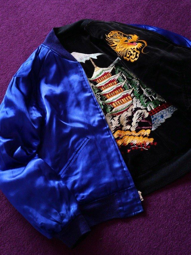 1950's Vintage Souvenir Jacket【風景刺繍黒別珍×青無地サテン 1950's Vintage Souvenir Jacket【風景刺繍黒別珍×青無地サテン