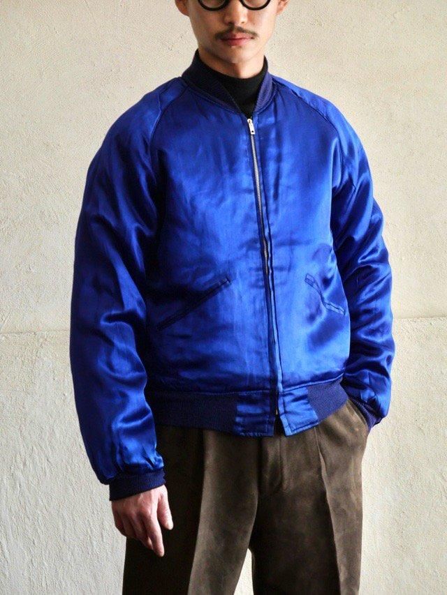 1950's Vintage Souvenir Jacket【風景刺繍黒別珍×青無地サテン 1950's Vintage Souvenir Jacket【風景刺繍黒別珍×青無地サテン