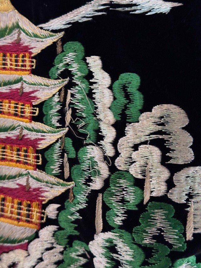 1950's Vintage Souvenir Jacket【風景刺繍黒別珍×青無地サテン 1950's Vintage Souvenir Jacket【風景刺繍黒別珍×青無地サテン