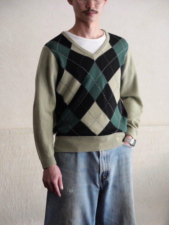1970~80's Vintage Ballantyne Knit Sweater,
100% Pure Cashmere / Green Argyle