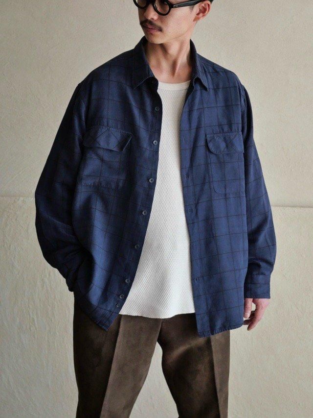 1990s Vintage GEORGE Artificial-Suede Check Shirt Navy