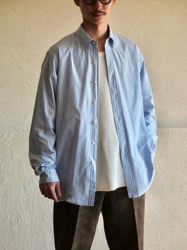 00's RalphLauren Broad Stripe Shirt, Sax&White 16 / custom fit model