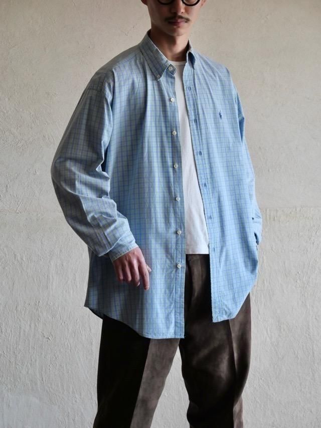 00's RalphLauren Cotton B.D.Check Shirt Light-blue