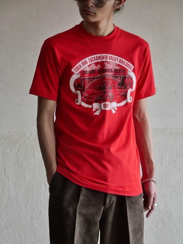 1992s Printed T-shirt FOLSOM HANDCAR DERBY Red